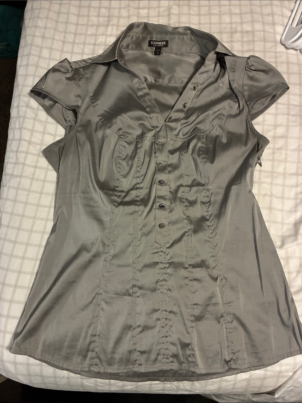 Express Silver-Gray Satin Button-Up Cap Sleeve Blouse